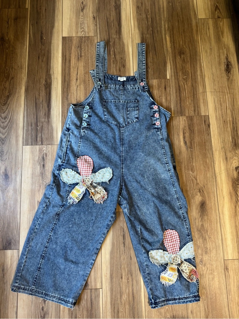 Women’s Denim Overalls with Patch Flower Details - Blue